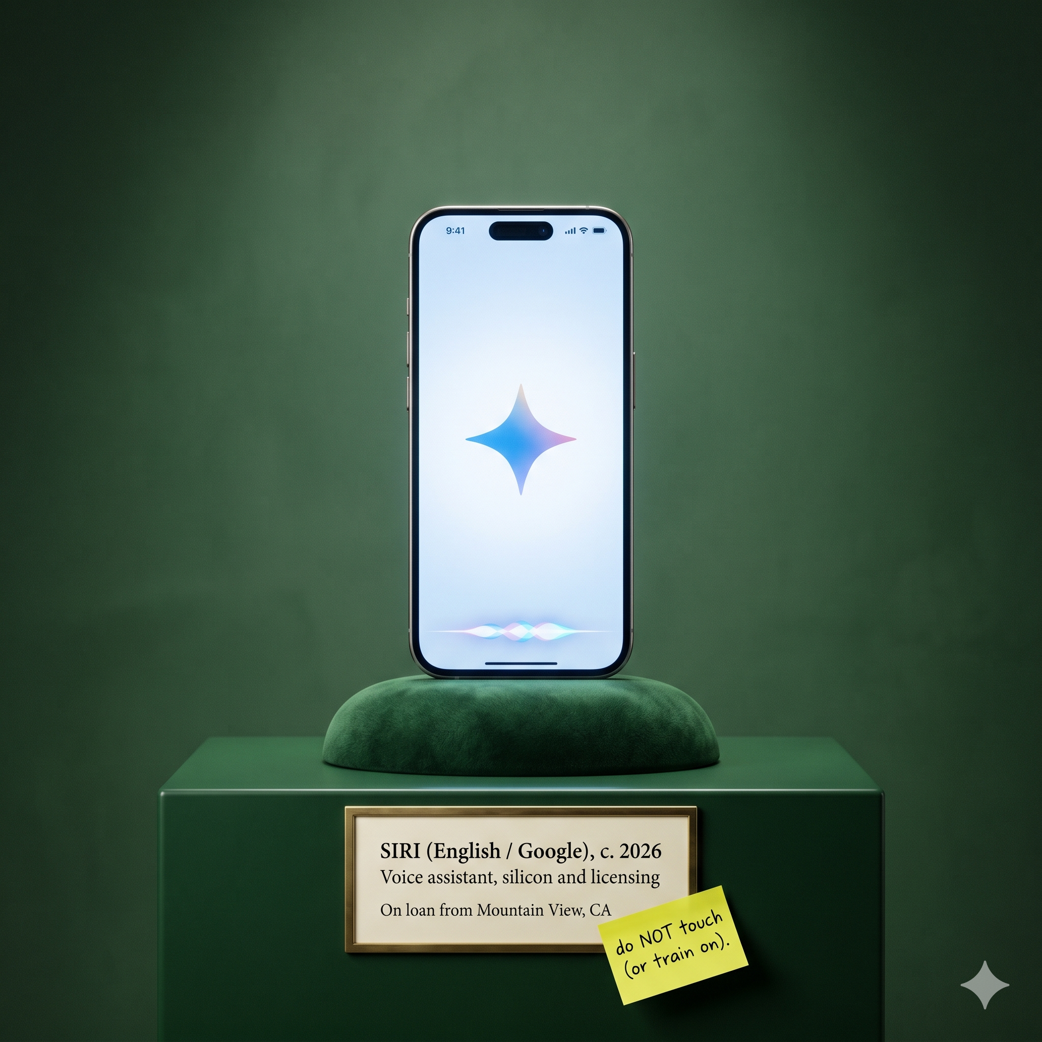 Siri, but make it Gemini. Cover image — a museum-style iPhone exhibit with a small acid-yellow Post-it note, on a forest-green plinth.