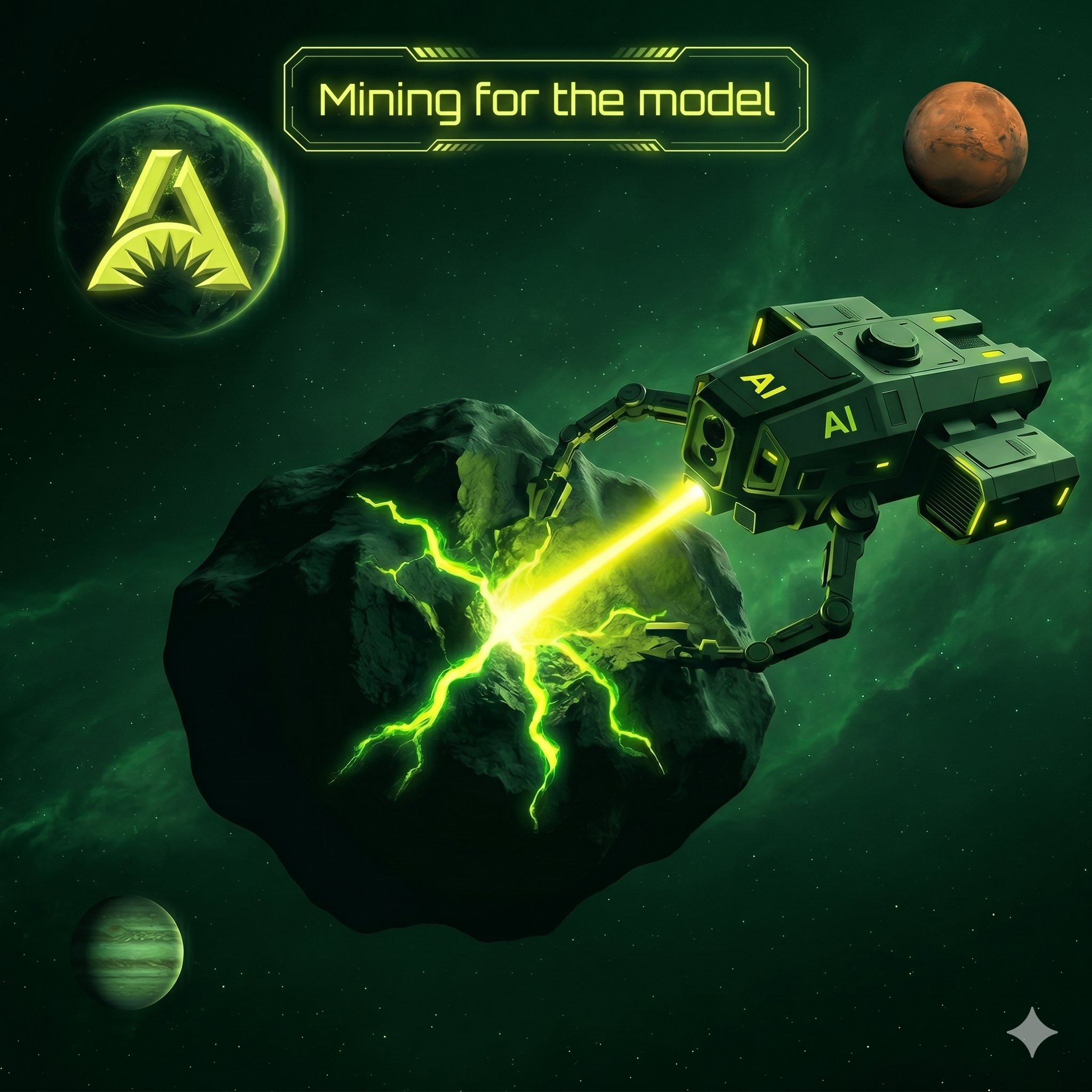 Mining for the model. Cover showing autonomous off-world mining for AI hardware minerals.