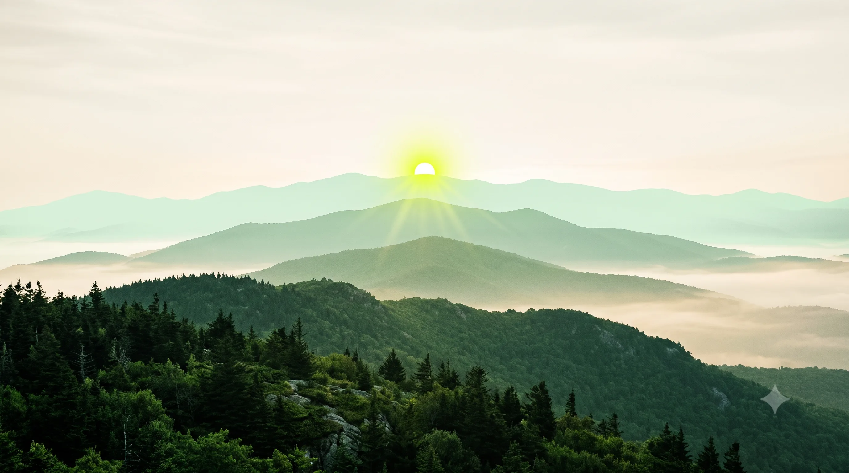 Layered green mountain ridgelines at dawn brightening from deep forest to pale mint as they rise, cream mist pooling in the valleys, with the sun cresting the highest ridge.