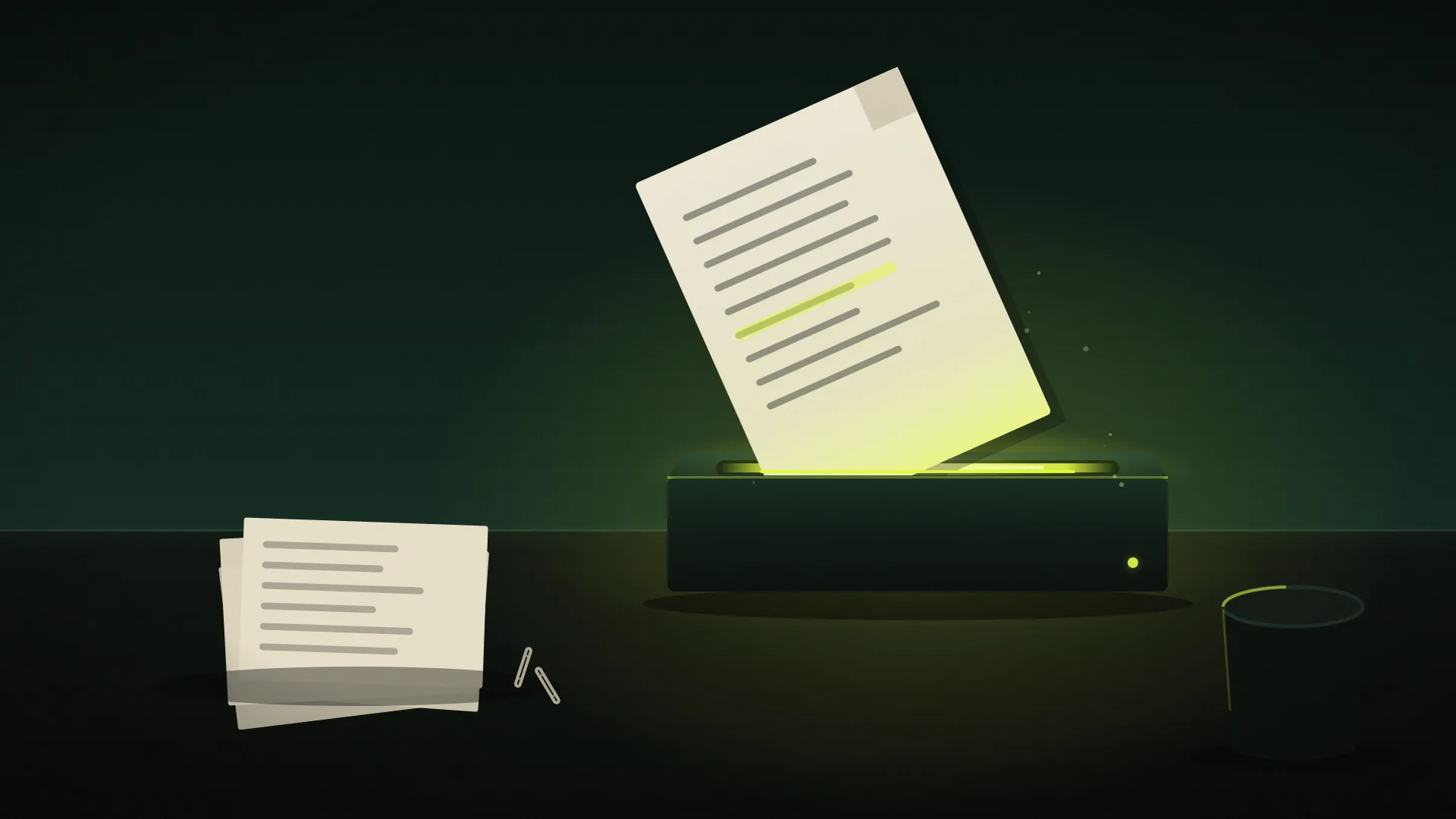 A cream document, half-fed into a glowing acid-lime intake slot on a dark desk at night, while a messy stack of papers and two paperclips wait their turn beside a pen pot. Deep forest and near-black palette, one acid light source.