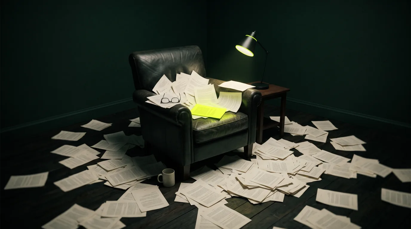 A worn dark-green leather armchair in a dark green room, lit by a single black desk lamp on a side table. Printed pages are heaped on the seat and strewn across the wooden floor, a pair of glasses rests on one arm, a white mug stands on the floor, and one page on the seat glows acid green.
