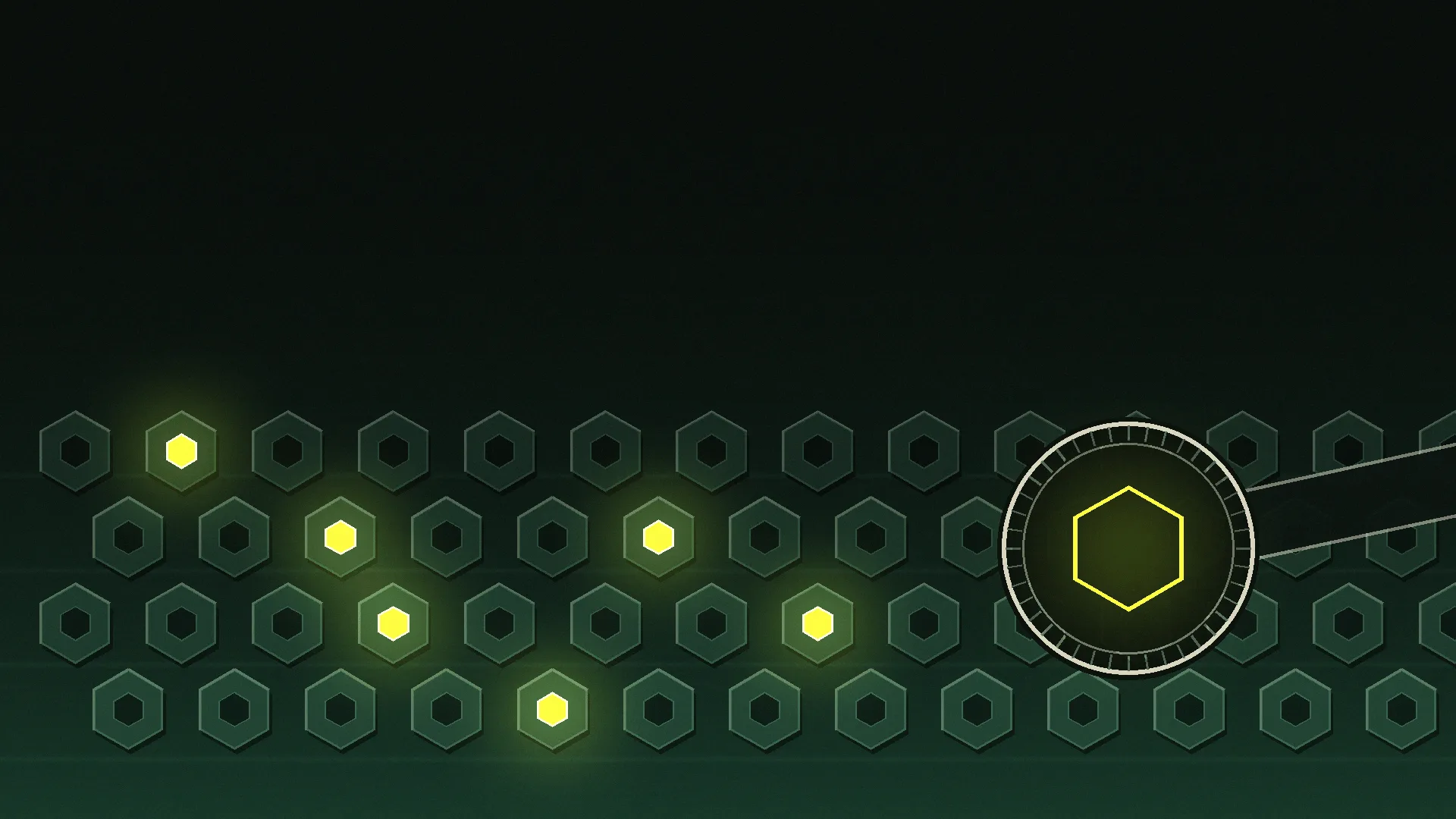 Rows of identical hexagonal bolt heads across a dark engine block, six of them lit acid green from inside their sockets, a knurled socket key resting over the row on the right.