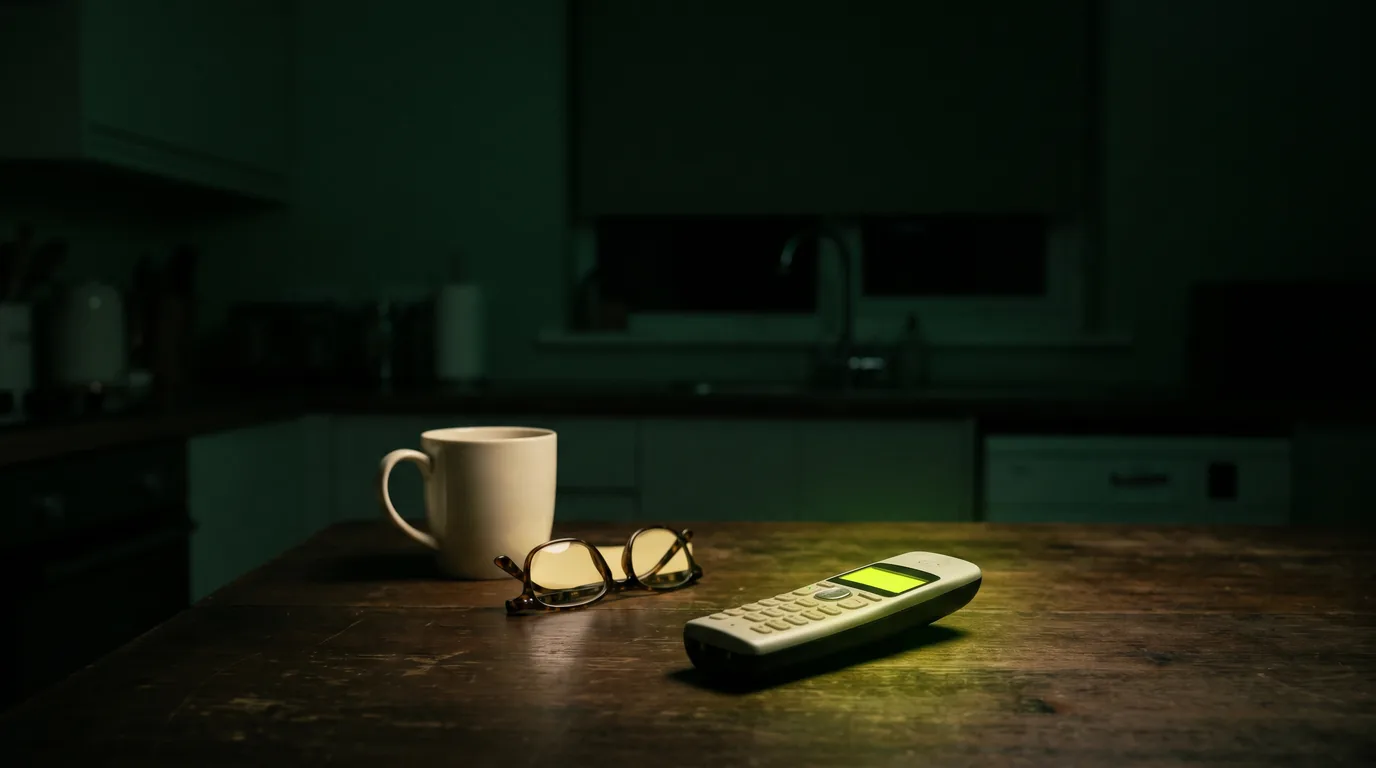 A cordless home phone lying face up on a dark kitchen table at night, its small display a blank panel of lime light spilling across a mug of tea and a pair of folded reading glasses.