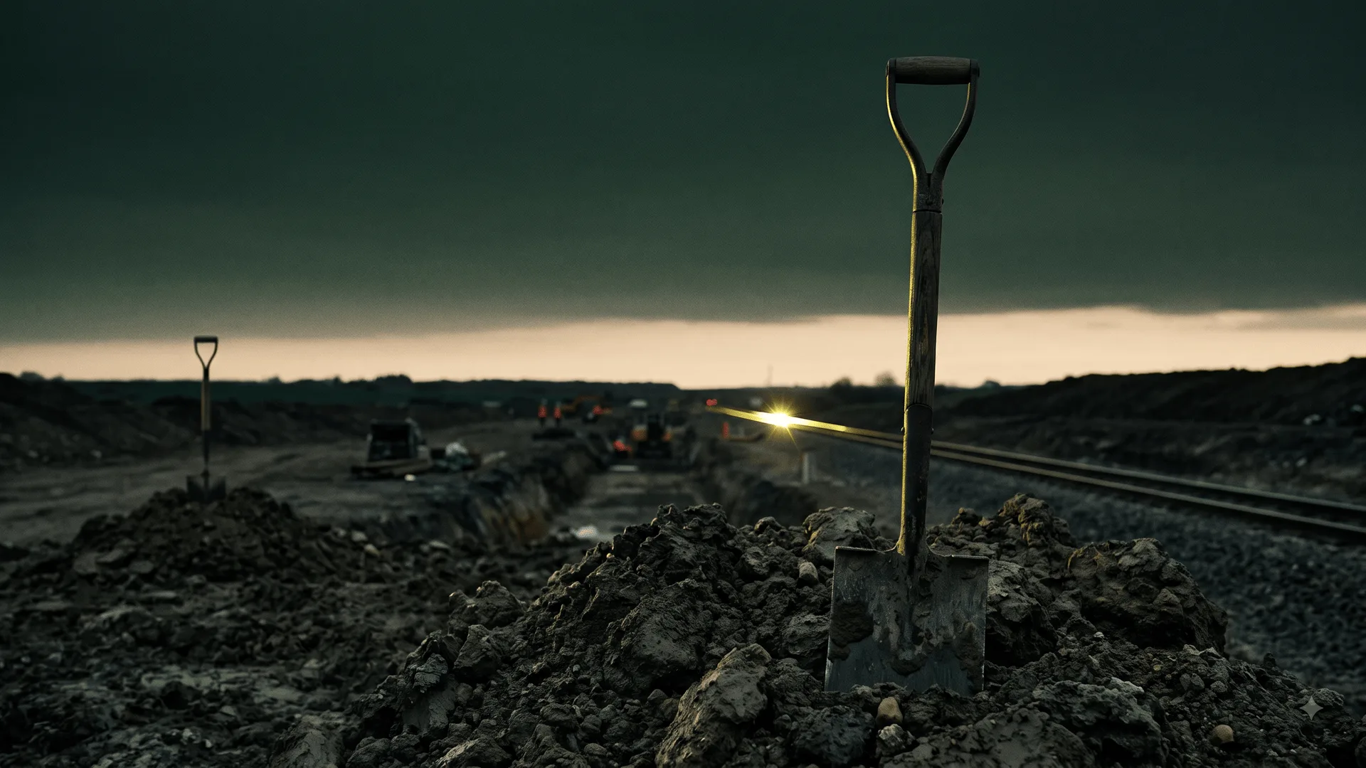 A worn shovel standing blade-down in a heap of dug earth at dusk beside a rail excavation, a second shovel further off, diggers and a lit worksite in the distance, one acid-yellow line of light along the rail.