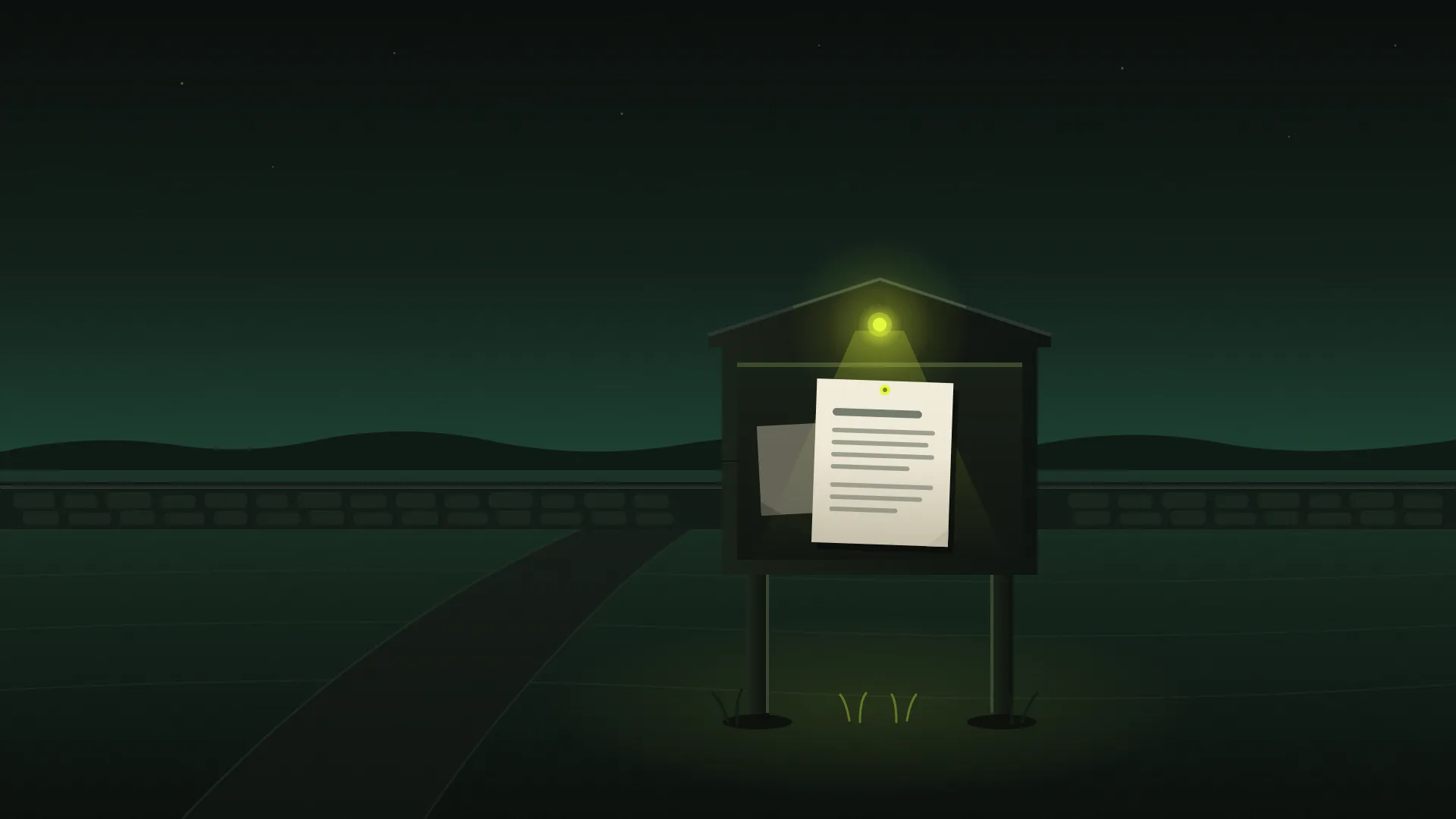 A weathered wooden village noticeboard on a dark country lane at dusk, a single cream paper notice pinned to it, lit by one acid-green lamp, empty fields beyond.