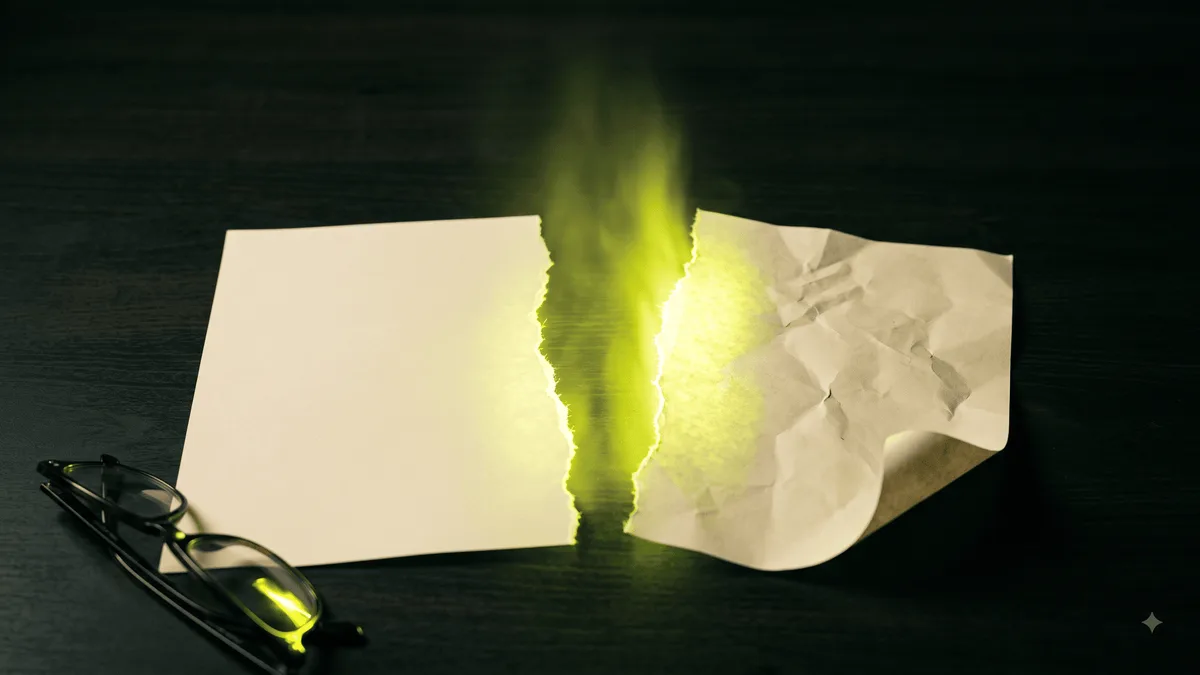 Claude now watermarks everything it writes. Cover image: a sheet of cream paper torn in two on a dark desk, the halves pulled apart with acid-green light blooming up from the gap, folded reading glasses resting at the edge.