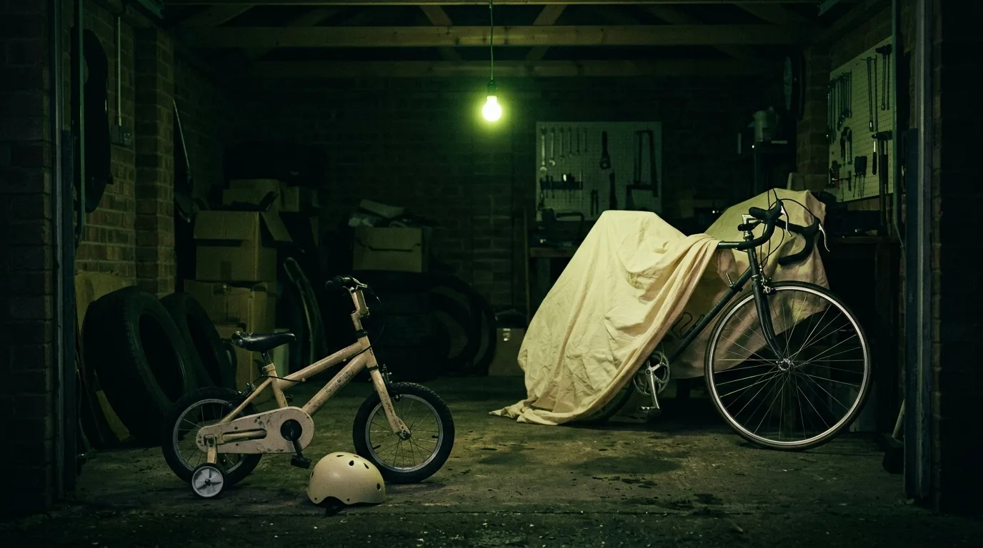 A garage at night under a single green bulb. A child’s bike with stabilisers and a small helmet stand at the front; behind them a road bike, half covered by a dust sheet, leans against a workbench, with stacked boxes, old tyres and a tool board in the dark.