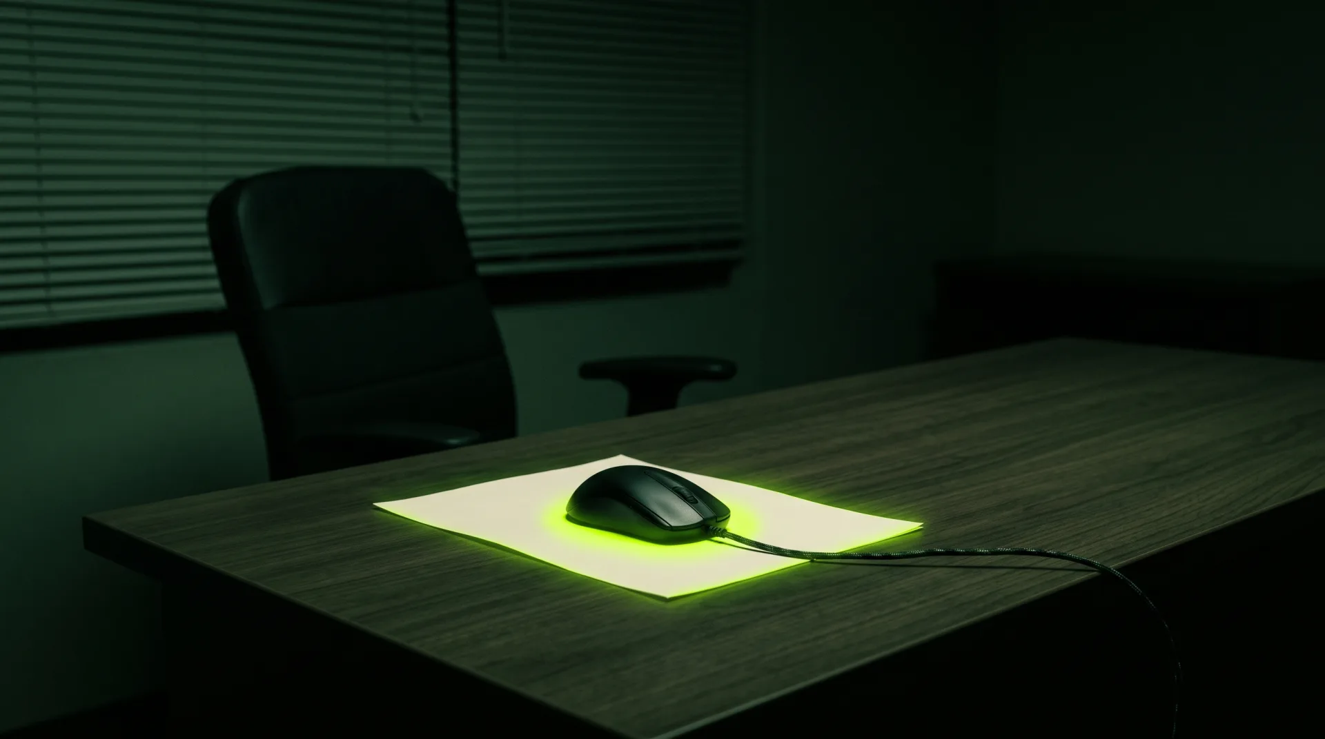 A single sheet of cream paper on a dark desk at night with a wired computer mouse resting on it like a paperweight, acid-green light bleeding from under the mouse into the grain of the paper, an empty chair pushed back behind.