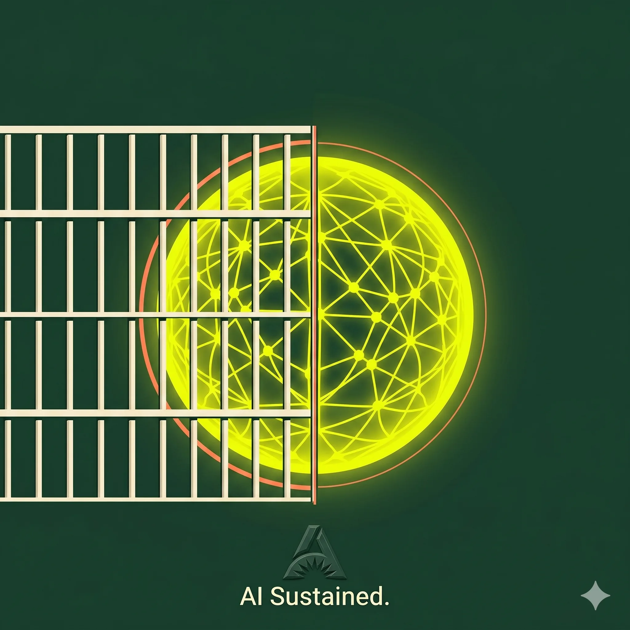 AI Sustained Issue 010 cover: a giant industrial power switch in the off position beside a dimmed server rack, one acid-green status light still glowing, rendered in the deep forest house palette.