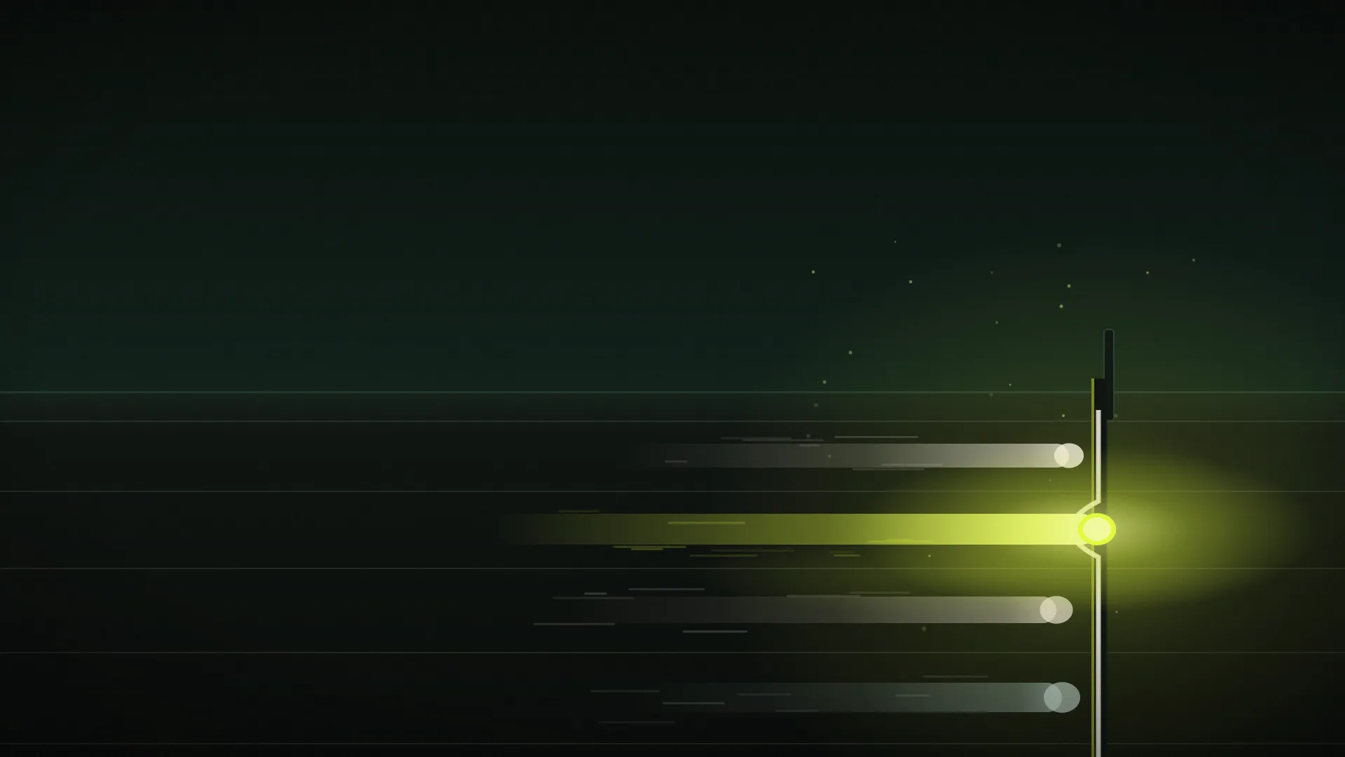 A night-time photo finish on a dark running track: four motion streaks hit the finish tape almost level, three in dim cream tones and one acid-lime leader ahead by a nose, bowing the tape. Deep forest palette, single acid light source.