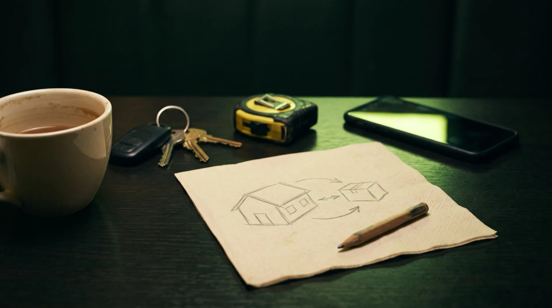 A paper napkin on a dark table, with a pencil sketch of a house, a small box and arrows between them. A stub of pencil rests on the napkin. Beside it, a mug of tea, van keys and a folded tape measure, lit by the acid-green glow of a phone screen lying face up.