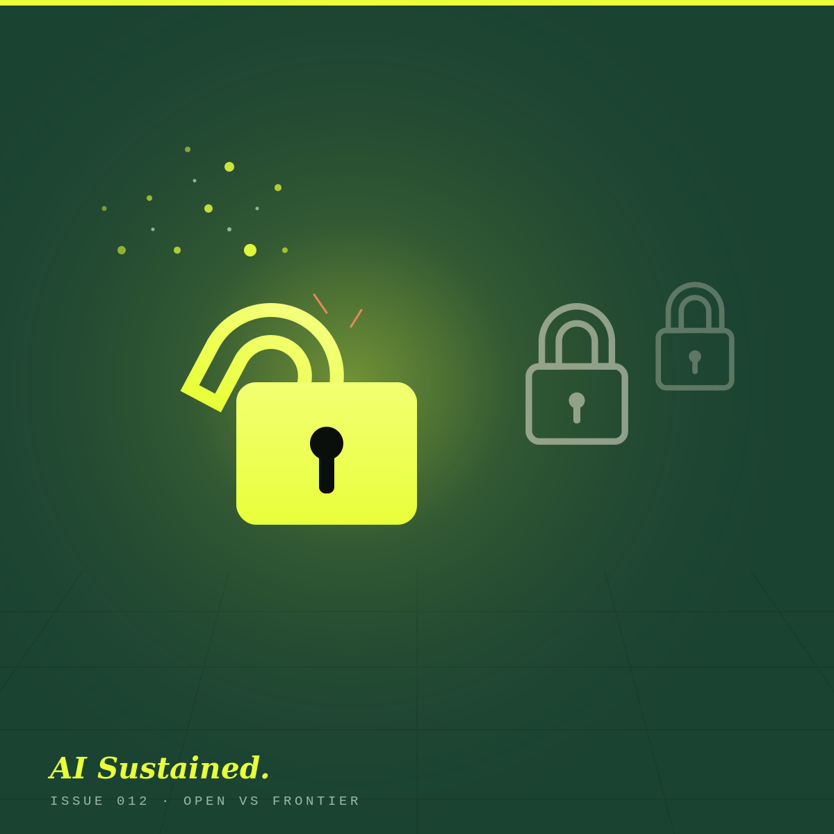 AI Sustained Issue 012 cover: a bright open padlock spilling particles of light, with two dim locked padlocks beside it — the open model set free next to the closed frontier models.