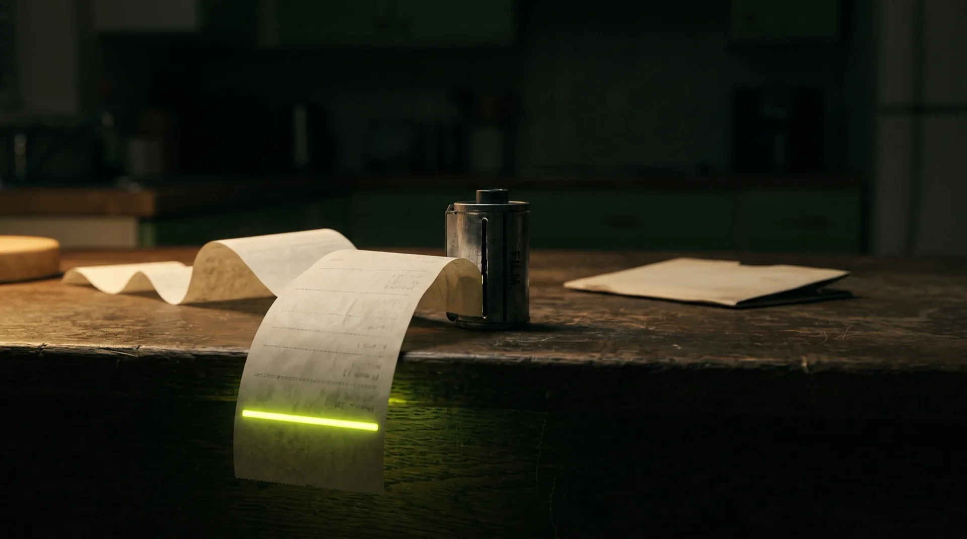 A dark workshop bench. A long paper receipt curls over the edge of the bench with a bar of acid-green light glowing across it, a 35mm film canister standing behind it, and a paper envelope further along in the shadows.