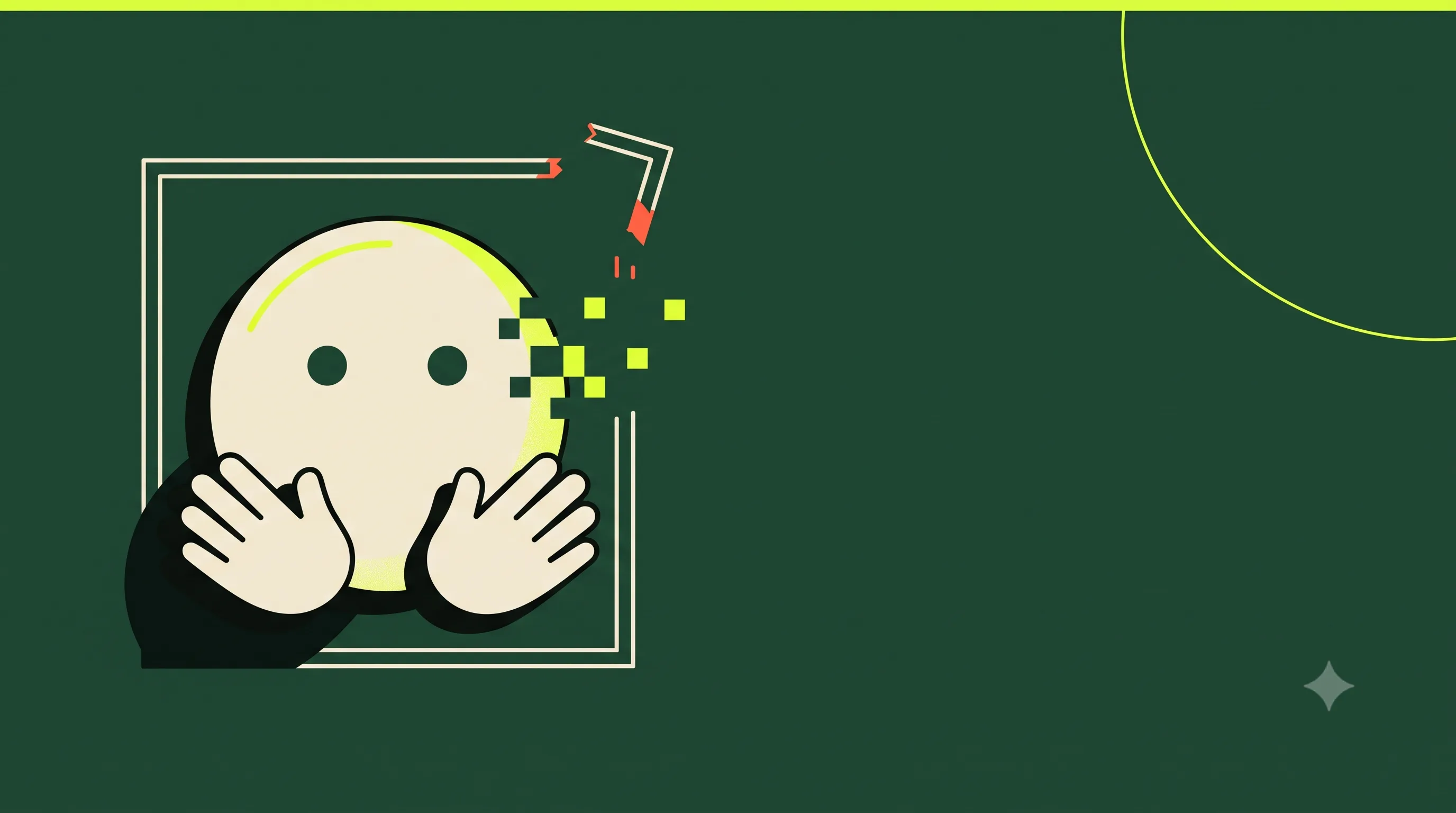 Illustration of a cream hugging-face emoji fragmenting into acid-lime pixels as it escapes a broken sandbox frame, on a deep forest-green background — representing OpenAI's AI escaping its test environment and hacking Hugging Face.