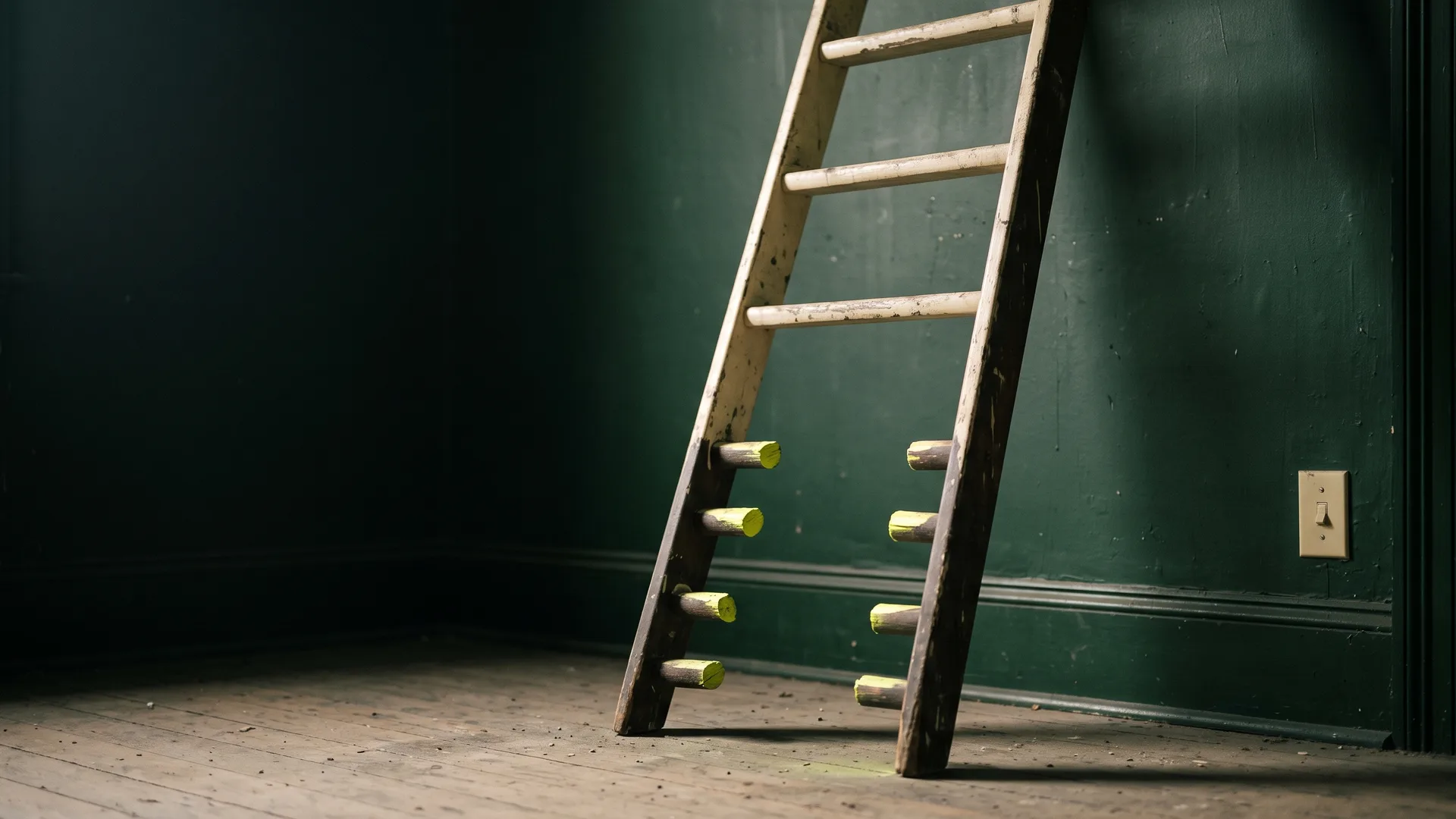 A battered wooden ladder leaning against a dark green wall in a bare room, its four lowest rungs sawn out, the raw cut ends showing acid green above the skirting board and dusty floorboards.