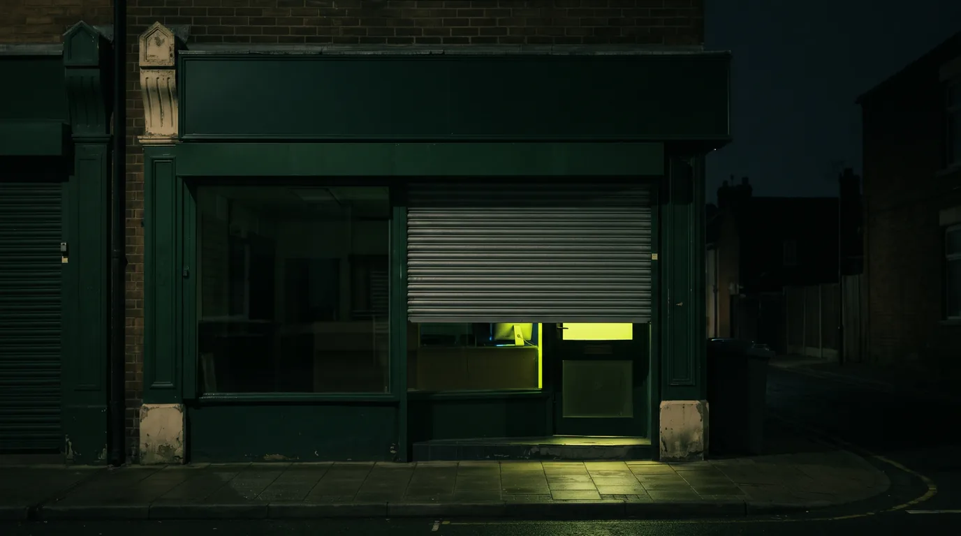 A dark green shopfront on an empty street at night. A metal shutter is pulled half down over one window, and beneath it a computer screen and the shop door glow acid green, spilling light onto the wet pavement.