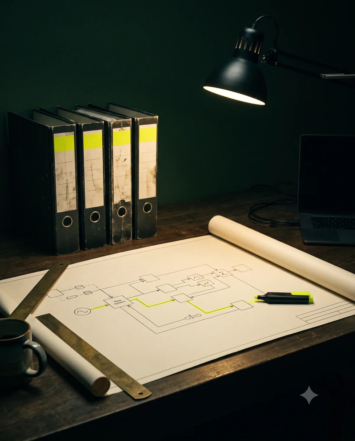 A drafting desk at night: a cream systems schematic unrolled across it, four tabbed binders standing behind, one route across the drawing marked in acid-lime under a single lamp.