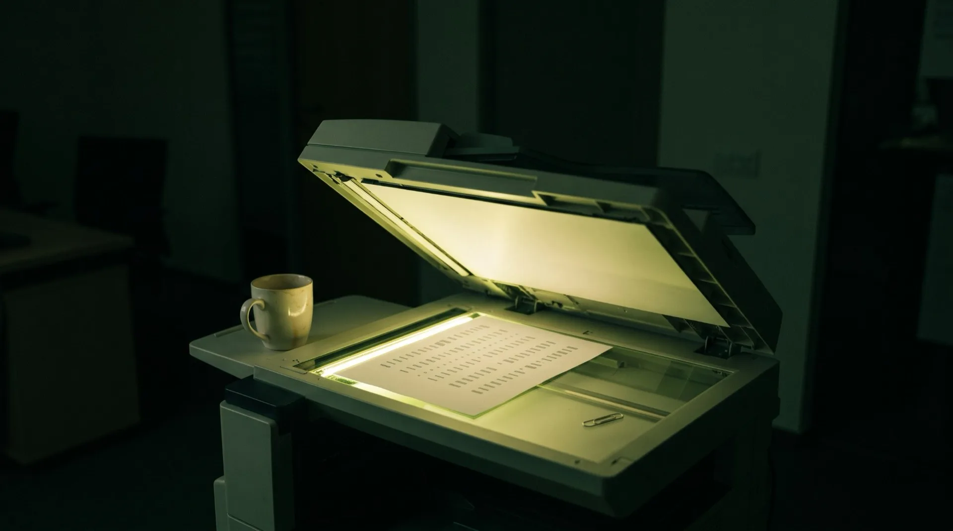 An open office photocopier in a dark room, the lid raised and a sheet of printed rows on the glass, the scan bar halted at the edge of the page, its thin acid-lime line the only light. A mug sits beside it.