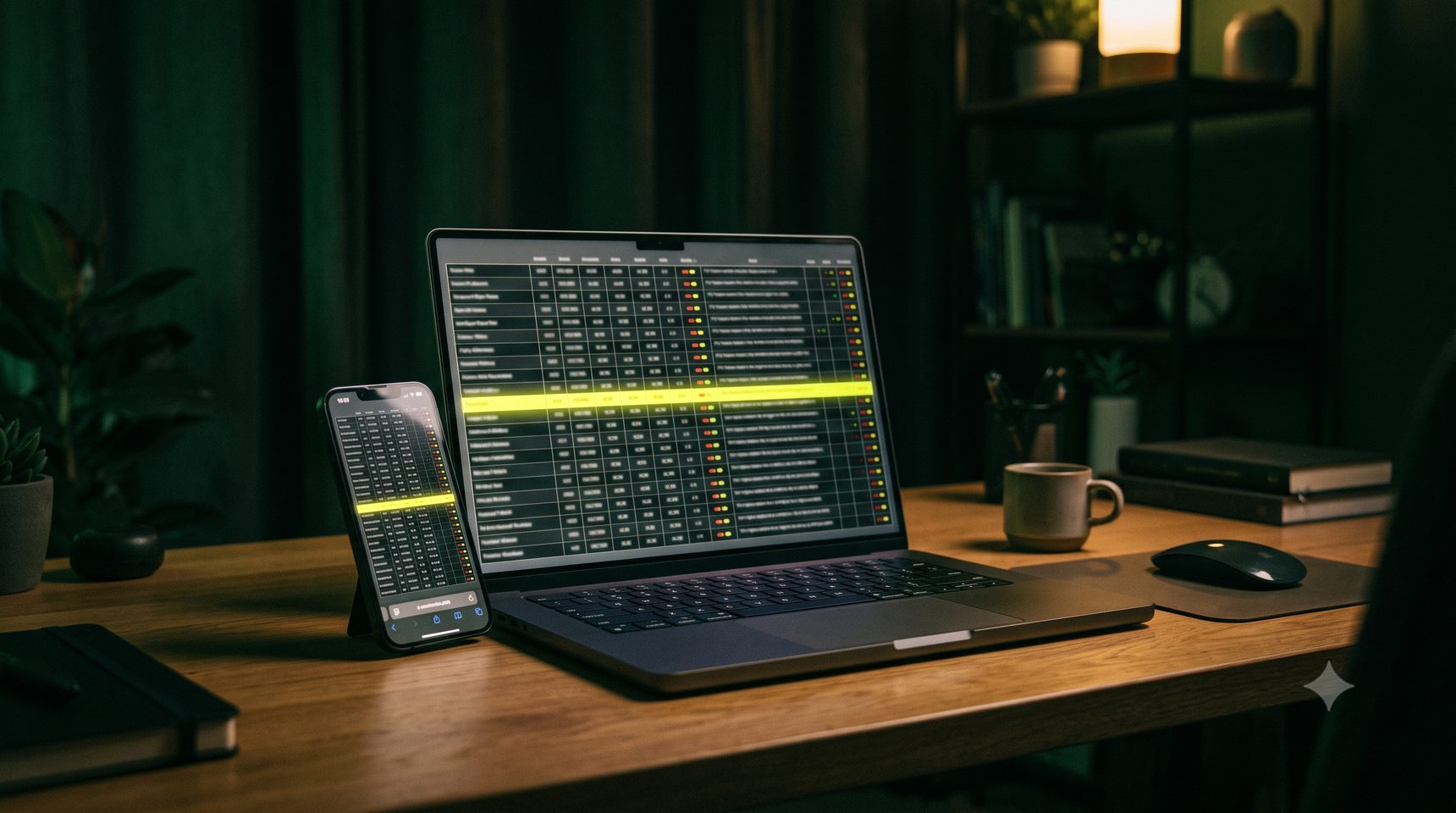 Cover art for case study 005, a laptop showing a grid of quiz results with one row highlighted in acid yellow, a phone propped beside it mid-screenshot.