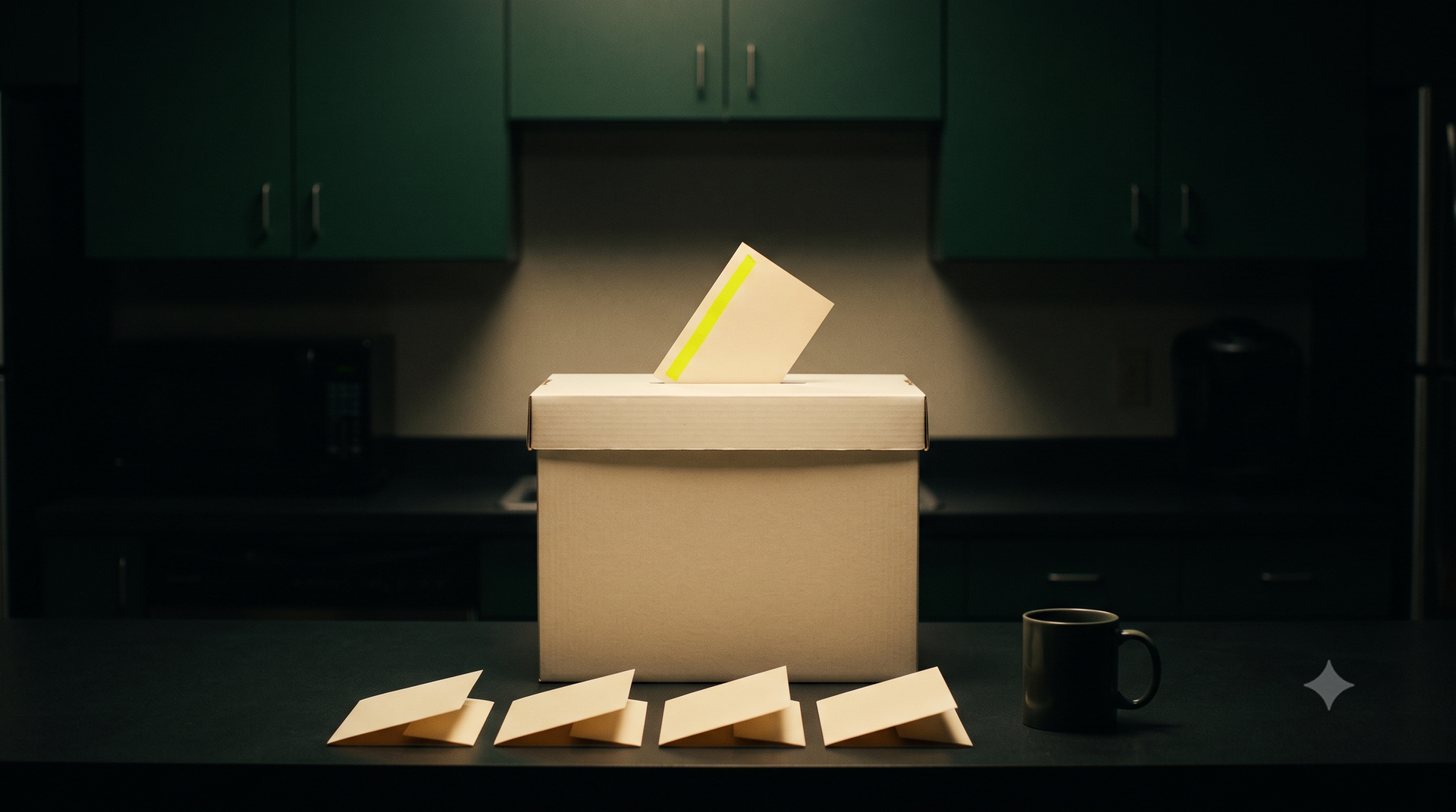 A cream ballot box with one acid-striped card half-posted into the slot.