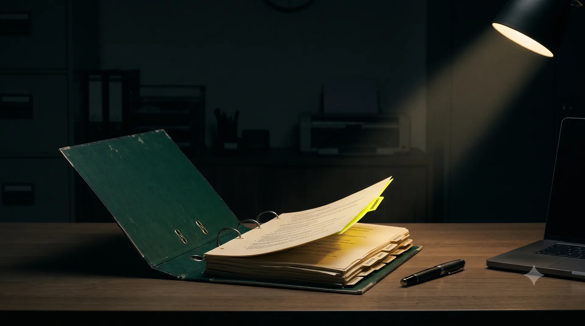 Cover art for case study 004 — a tabbed binder of written procedures under a single desk lamp.
