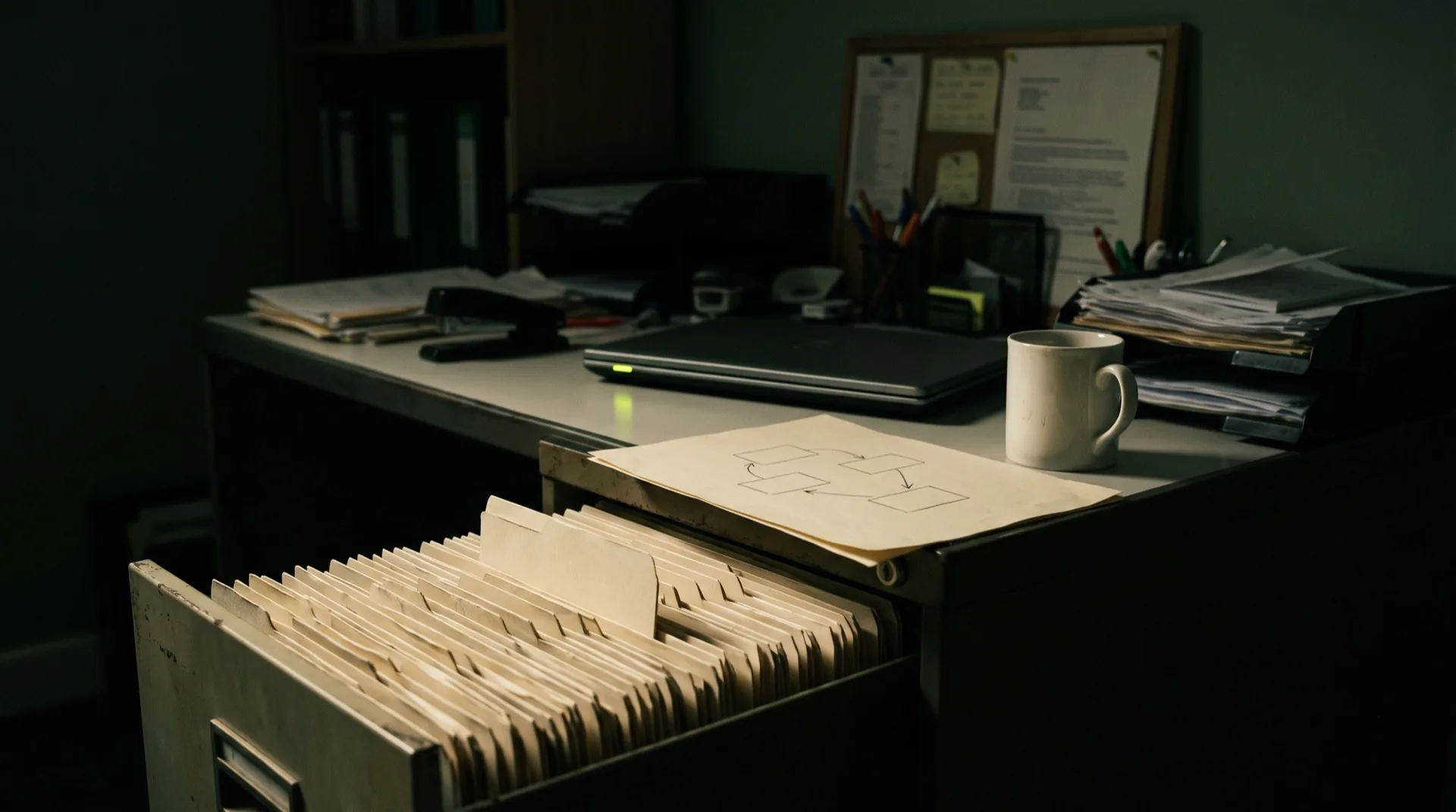 A dim back office at night: a deep filing drawer pulled open and packed with worn cream record wallets, a single sheet with a pencil-drawn flowchart lying on top of the cabinet, a white mug beside it, and a closed laptop at the back of the desk with one small acid-lime status light glowing.
