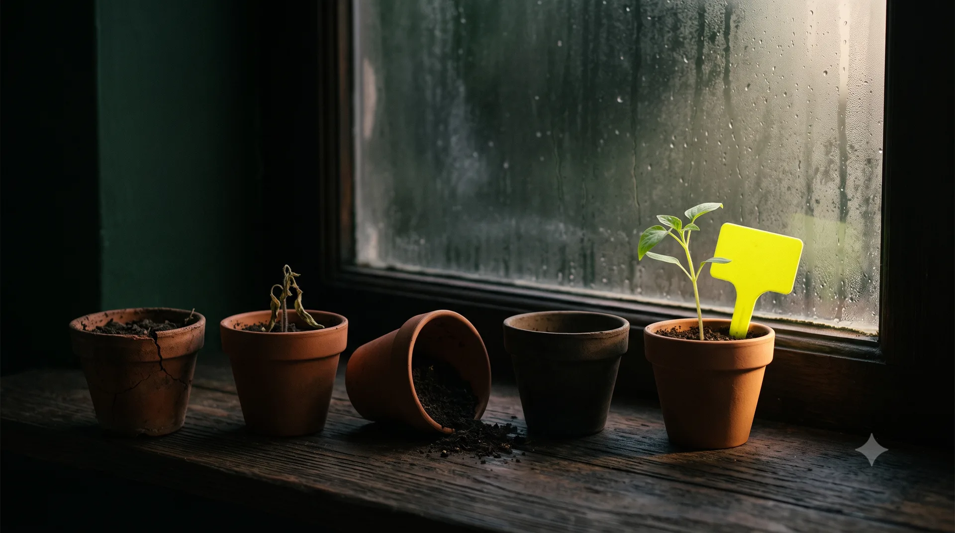 A dark windowsill in morning light: a row of small terracotta pots, four failed, one thriving seedling marked by a single acid-yellow plant label.